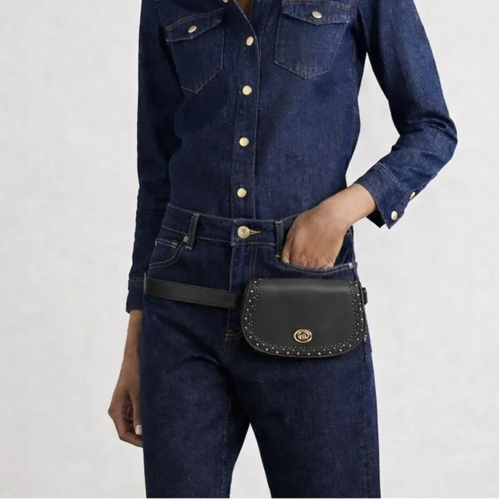 Coach Saddle Belt Bag Studded Black Leather Crossbody Belt Bag Chain Strap